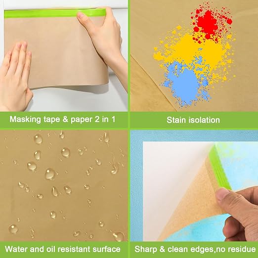 Masking Paper, paint masking, 2 Pack Automotive Paint Paper Roll with Tape, Tape and Drape for Painting, Assorted Paint Masking Paper for Car and Furniture (Unfold 18 inch Width X 100 ft Long)