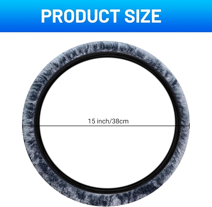 KAFEEK Elastic Long Microfiber Plush Steering Wheel Cover for Winter Warm, Universal 15 inch, Anti-Slip, Odorless, Gray