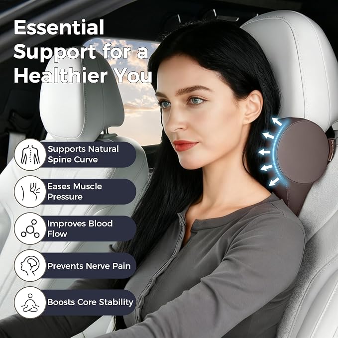 Coverado Car Headrest Pillow, Ergonomic Memory Foam Car Neck Pillow for Driving Seat with Adjustable Strap, Soft PU Leather Breathable Removable Cover Neck Support for Neck Pain Relief