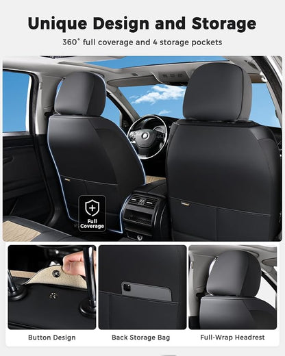 Huidasource Front Seat Covers, Universal Fit for Most Cars SUV Trucks, Full Coverage Nappa Leather Seat Cover, Airbag, Velcro Adjustable, Seat Function Retain, Black&Beige