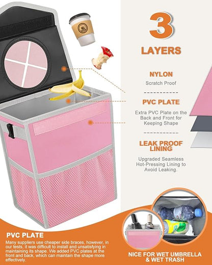 Pritent Car Trash Can with Lid, Cute Leakproof Car Trash Garbage Bag Hanging Vehicle Trash Bin Small Portable Automotive Garbage Cans Organizer for Back/Front Seat(Trapezoid,Pink