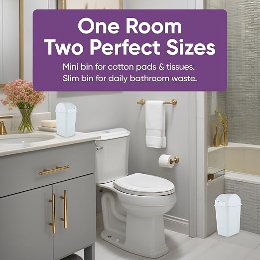 Superio Mini 1.25 Gallon and Small 2.5 Gallon Plastic Trash Cans with Swing Top Lid, Grey Waste Bin for Countertop, Desk, Vanity, Bathroom, 2 Pack (White)