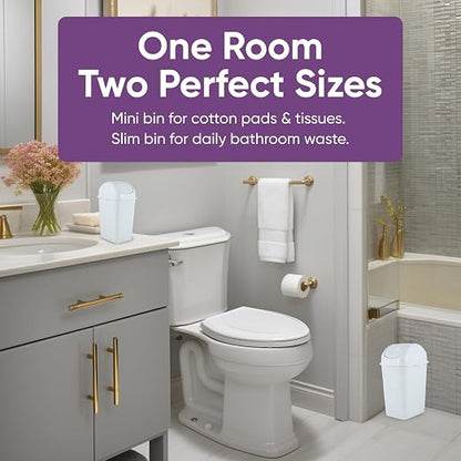 Superio Mini 1.25 Gallon and Small 2.5 Gallon Plastic Trash Cans with Swing Top Lid, Grey Waste Bin for Countertop, Desk, Vanity, Bathroom, 2 Pack (White)
