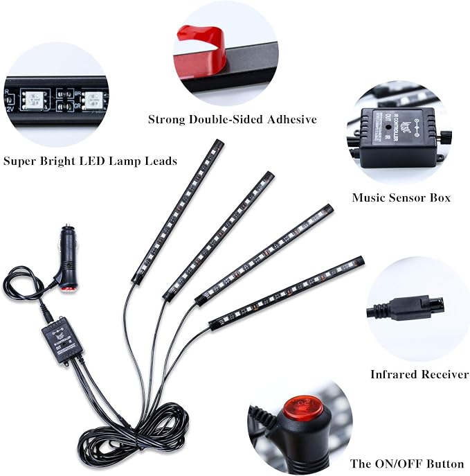 LivTee Car Led Interior Lights，4pcs 48 LED Multicolor Music Car Interior Accessories Under Dash Lighting Waterproof Kit with Sound Active Function and Wireless Remote Control, Car Charger Included