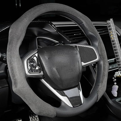 Quick Install Sporty Suede Leather Steering Wheel Cover Universal fit Any 14½" to 15" Car SUV Pickup Steering Wheel
