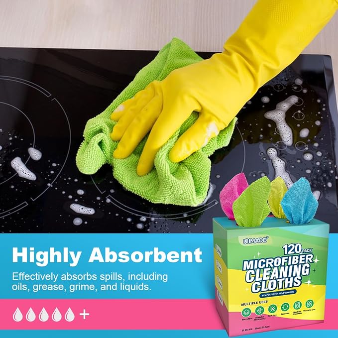UNIMADE Microfiber Cleaning Cloth, 120 Pack Reusable Paper Towels Microfiber Towels for Cars Lint Free Shop Rags with for Home Kitchen Automotive, 11"x 9", Pink & Yellow & Green & Blue