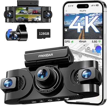 4K 360° Dash Cam, 4-Channel Car Camera Front and Rear Cabin & Sides with GPS, WiFi, Night Vision, 24H Parking Mode, Anti Vandalism for Truckers, Uber, Lyft, Rideshare & Delivery Drivers