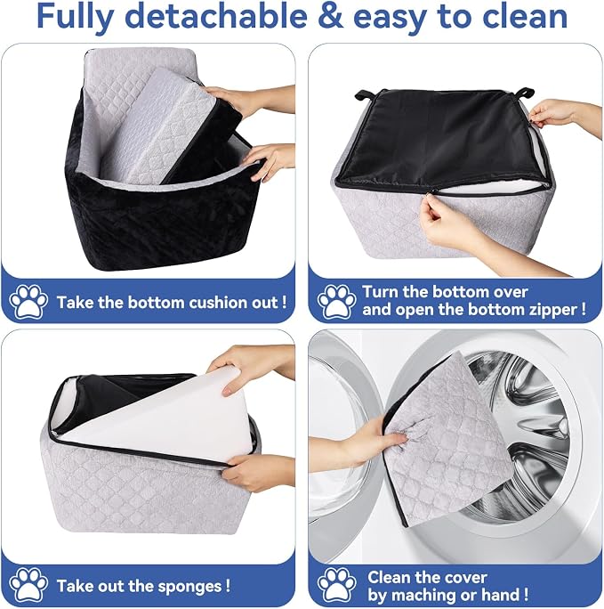 Dog Car Seat for Small/Medium Dogs Under 30lbs, Double-Sided Cooling & Warm Booster Seat, Detachable & Washable Elevated Pet Bed with Pockets, Anti-Slip Base for Front & Back Seats with Safety Leash