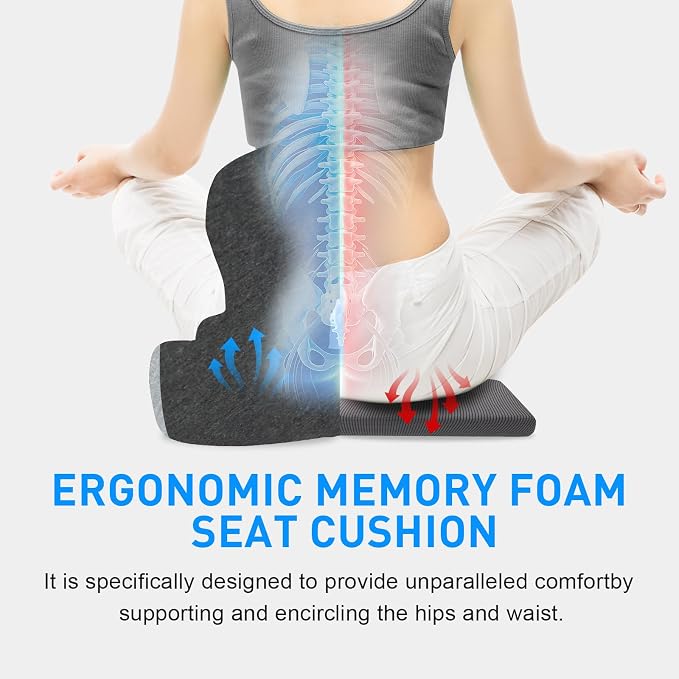 Denchy Car Seat Cushion with Lumbar Support for Long Sitting, Ergonomic Memory Foam Driving Seat Cushions for Semi Truck Bus Driver Trucker, Non Slip Office Chair Cushion (Dark Light Gray)