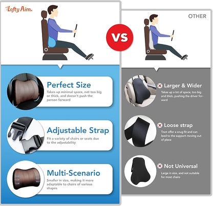 Lofty Aim Lumbar Support Pillow for Car, Memory Foam Lumbar Pillow for Lower Back Pain Relief - Back Cushion for Driving, Chair Support for Car-Office Chair, Wheelchair - Classic Brown