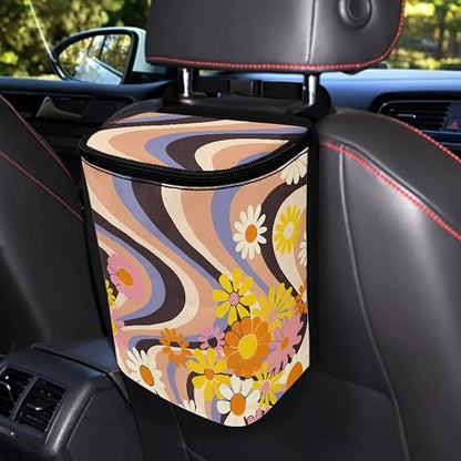 Boho Flower Hippie Daisy 70S 80S Wavy Swirl Y2K Aesthetic Car Accessories for Women Car Trash Can for Back of Seat Leak Proof Garbage Can with Lid and Zipper Collapsible Trash Bin Hanging