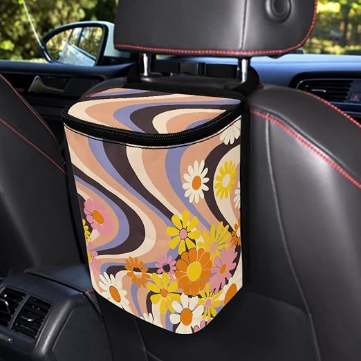 Boho Flower Hippie Daisy 70S 80S Wavy Swirl Y2K Aesthetic Car Accessories for Women Car Trash Can for Back of Seat Leak Proof Garbage Can with Lid and Zipper Collapsible Trash Bin Hanging