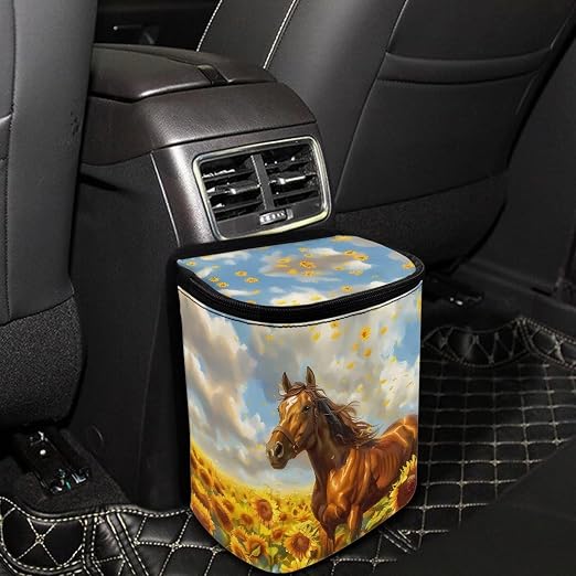 Talayituse Horse Sunflower Print Car Trash Can, Portable Auto Garbage Bin Multifunctional Vehicle Interior Accessories with Adjustable Straps Universal Fit Truck SUV Sedan