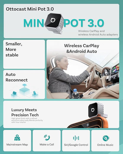 OTTOCAST Mini 3.0 Silver 2-in-1 Wireless CarPlay & Android Auto Adapter – Plug & Play for iPhone/Android, Dual-Phone Memory, Dual-Band WiFi (2.4/5GHz), Auto-Reconnect