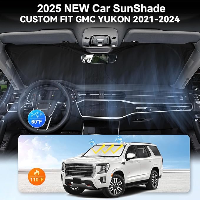 Custom Windshield Sunshade for 2021 2022 2023 2024 2025 GMC Yukon XL Accessories Front Window Shades Cover for Windshield Sun Visor Screen Protector 210T Reflective Blocks UV Rays Cool Car Accessories