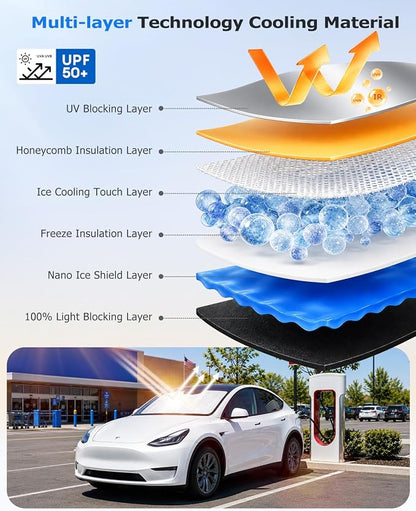 DMJN Front Windshield Sun Shade for Tesla New Model Y, Y & 3 (2017-2026), [Nano Ice-Crystal Coatings] UPF50+ Heat & UV Block, Protect Car Interior & Keep Cool, Flodable Steel-Ring Car Cover for Summer