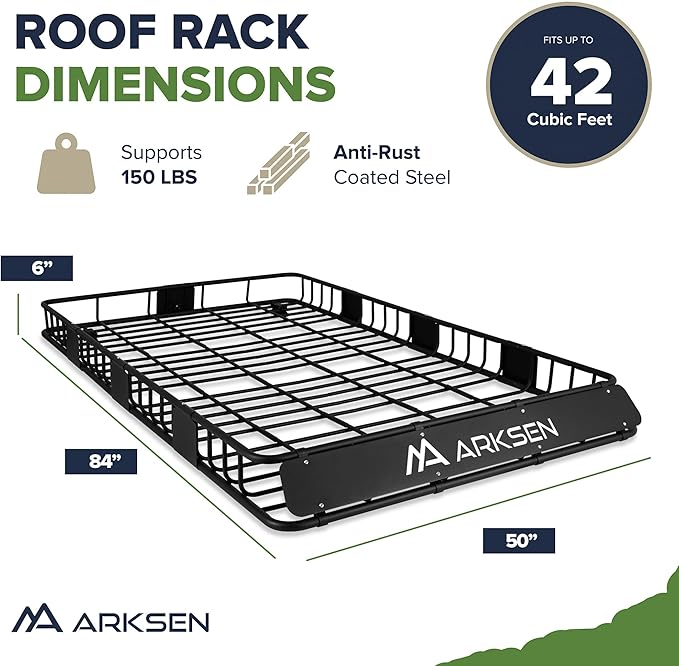 ARKSEN 84 x 50 x 6 Inch Universal Extra Wide 150LB Heavy Duty Roof Rack Cargo with 3 Nylon Cargo Nets, 2 Ratchet Straps, Car Top Luggage Holder Carrier Basket for SUV, Truck, & Car Steel Construction