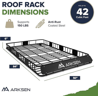 ARKSEN 84 x 50 x 6 Inch Universal Extra Wide 150LB Heavy Duty Roof Rack Cargo with 3 Nylon Cargo Nets, 2 Ratchet Straps, Car Top Luggage Holder Carrier Basket for SUV, Truck, & Car Steel Construction