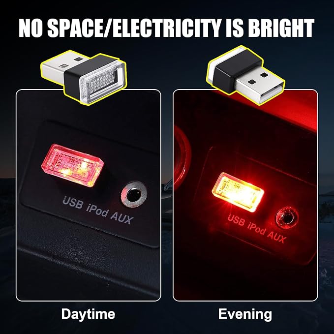 Ziciner 4 PCS USB LED Car Interior Atmosphere Lamp, Portable Mini LED Night Light, Plug-in USB Interface Trunk Ambient Lighting Kit, Universal Car Interior Accessories (Red)