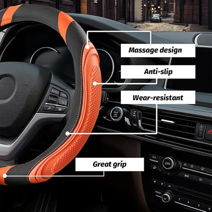 Osilly 15 Inch Car Leather Steering Wheel Cover, Automotive Accessories Elastic Breathable Anti-Slip Soft Wheel Protector Fits Men and Women, Suitable for SUVs, Trucks, Vehicles and RVs (Orange)