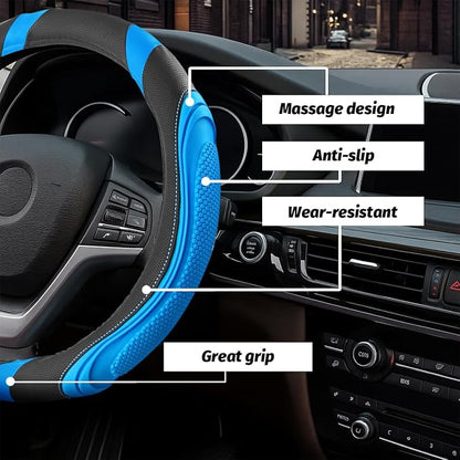 Osilly 15 Inch Car Leather Steering Wheel Cover, Automotive Accessories Elastic Breathable Anti-Slip Soft Wheel Protector Fits Men and Women, Suitable for SUVs, Trucks, Vehicles and RVs (Light Blue)