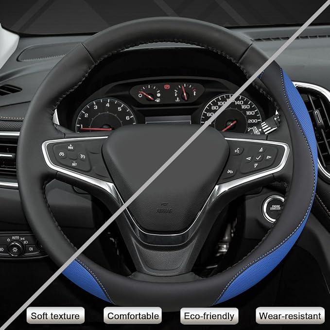 West Llama Customized Auto Car Steering Wheel Cover for Chevy 14.5-15 inches, Steering Wheel Cover for Chevrolet (Black+Blue - Standard Size)