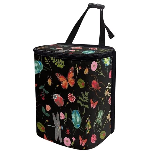 Car Trash Can with Lid and Zipper Cottagecore Insect Butterfly Dragon Beetle Print Collapsible Trash Bin Hanging Back of Seat Multipurpose Garbage Can for Women Storage Bag Organizer