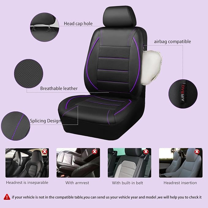 CAR PASS Piping PU Leather Car Seat Cover,Inside Zipper Design and Reserved Opening Holes Airbag Compatible,Universal FIT for Car, SUVs,Van,Trucks,Full Set, Black & Purple