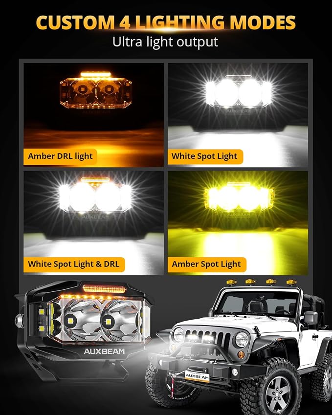 Auxbeam V-MAX Series LED Light Pod, 270° Side Shooter LED Offroad Lights with Amber DRL, 4 Inch Auxiliary Ditch Light for Truck ATV Jeep Ford