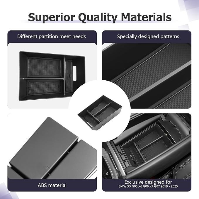 LUWU Center Console Organizer Compatible with BMW X5 G05 2019-2026/X6 G06 2020-2026/X7 G07 2019-2026 Accessories Armrest Console Storage Box Insert Tray ABS Material Black Coin Container Black