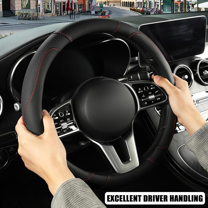 Microfiber Leather Steering Wheel Cover Large Size for Ford F150 F250 F350 F450 RAM 4Runner Tacoma Tundra Sequoia Model S Model X, Breathable, Anti Slip, 15.5 inch to 16 inch, Black