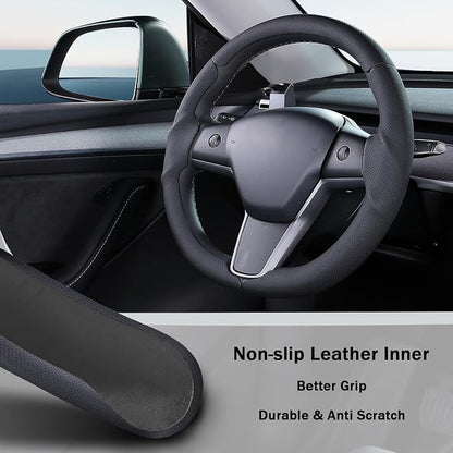 Steering Wheel Cover for 2017-2023 Tesla Model 3 2020-2024 Tesla Model Y, Leather Steering Wheel Cover for Tesla Model 3/Y Accessories, Black