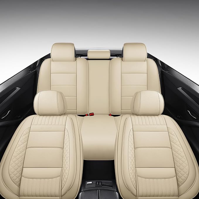 Car Seat Covers Full Set, Beige Leather Seat Covers, Breathable Front and Back Car Seat Protectors, Wear-Resistant Seat Covers Universal Fit for Most Cars SUV Truck (Beige-Stripes-A, Full Set)