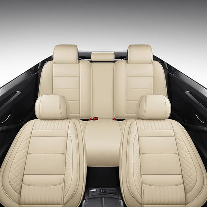 Car Seat Covers Full Set, Beige Leather Seat Covers, Breathable Front and Back Car Seat Protectors, Wear-Resistant Seat Covers Universal Fit for Most Cars SUV Truck (Beige-Stripes-A, Full Set)