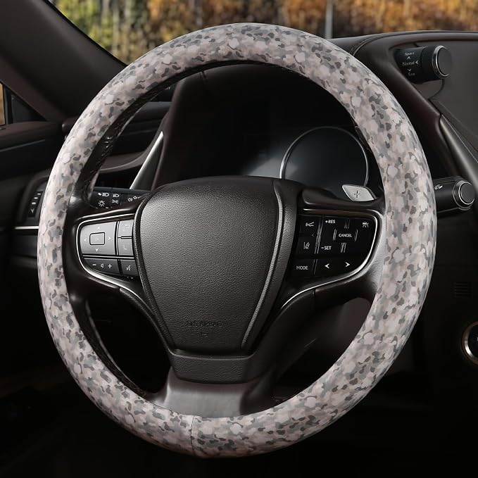 Camo Print Steering Wheel Cover with Silicone Inner Ring, Non-Toxic, Odorless Silicone Leather with Non-Fading Pattern for Men Women, Universal 14.5 to 15 Inch (Camo Print)