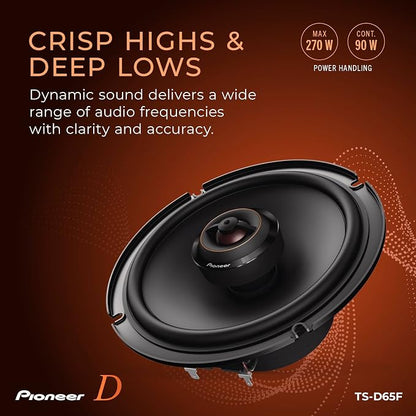 PIONEER D-Series TS-D65F 6.5” 2-Way Speakers (Pair) – 270W Max, Balanced Sound + Smooth Treble, Ideal Factory Upgrade, Add an Amplifier for Even Better Performance