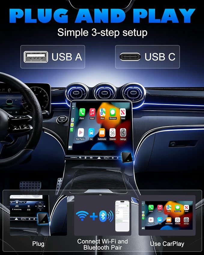 Wireless CarPlay Adapter for iPhone, Mini Size Plug & Play, Stable Fast Connection, Compact USB-A/USB-C for iPhone iOS 10+ with Manual