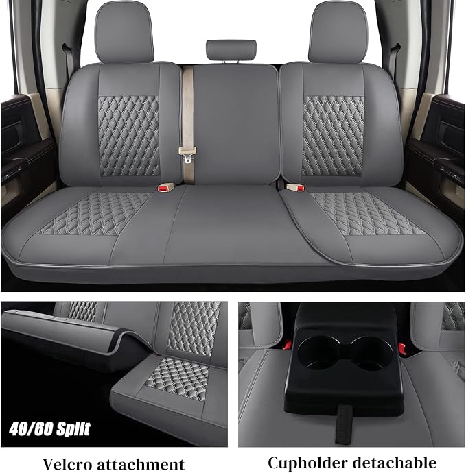 Coverado Ram Car Seat Covers Fullset, Leather Gray Car Seat Covers for Dodge RAM 1500 Compatible with 2010-2023 2500 3500 Crew/Mega Cab