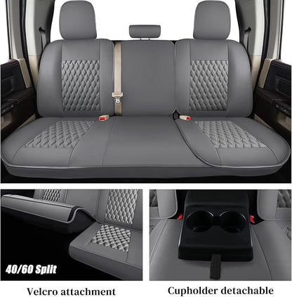 Coverado Ram Car Seat Covers Fullset, Leather Gray Car Seat Covers for Dodge RAM 1500 Compatible with 2010-2023 2500 3500 Crew/Mega Cab