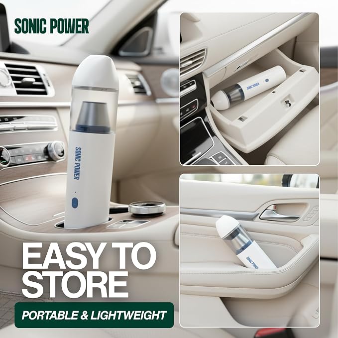SonicPower Portable Cordless Car Vacuum, 15000Pa High Suction Handheld Vacuum Cleaner, 2-in-1 Vacuum & Blower, with 4 Attachments & Portable Storage Bag for Car, Home, Pet & Office (White & Blue)