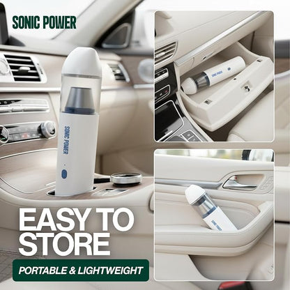 SonicPower Portable Cordless Car Vacuum, 15000Pa High Suction Handheld Vacuum Cleaner, 2-in-1 Vacuum & Blower, with 4 Attachments & Portable Storage Bag for Car, Home, Pet & Office (White & Blue)