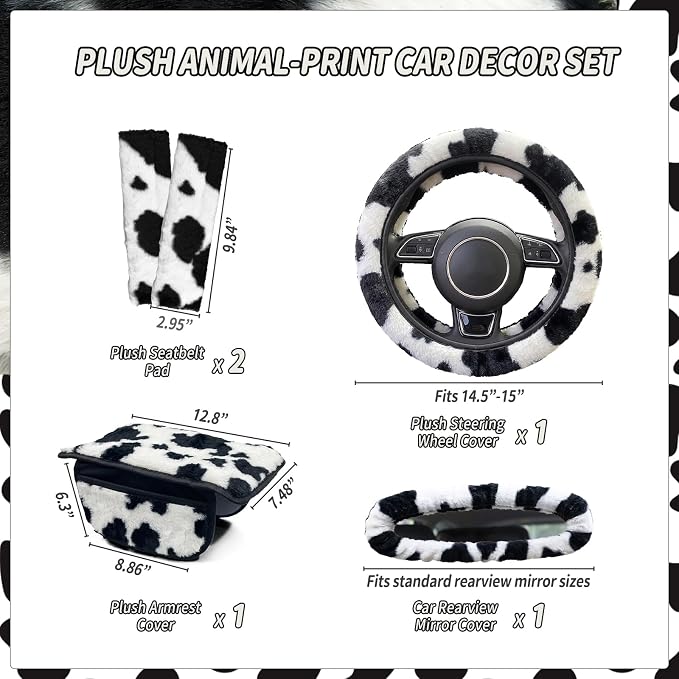 5 Pcs Fuzzy Animal Print Car Accessories Set, Soft Fluffy Plush Steering Wheel Cover, Center Console Armrest Pad & Rearview Mirror Cover - Interior Decorations for Women,Universal Fit (Cow Print)