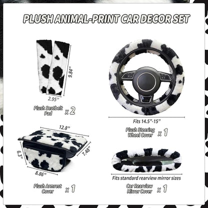 5 Pcs Fuzzy Animal Print Car Accessories Set, Soft Fluffy Plush Steering Wheel Cover, Center Console Armrest Pad & Rearview Mirror Cover - Interior Decorations for Women,Universal Fit (Cow Print)
