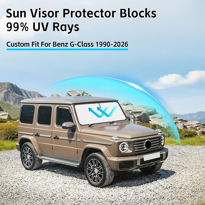 Windshield Sun Shade for Mercedes Benz G W463 G550 G55 G63 G65 1990-2026 Sunshade 300T Windshield Cover Sun Shield Blocks UV Rays Custom Fit G-Class Front Window Shade Foldable Keep Cool