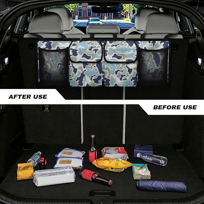 Fish Hunting Car Trunk Organizer Foldable Vehicle Interior Cargo Organizers Accessories Backseat Hanging Organizer with 4 Storage Bag Suitable for Most Cars,SUV,Sedan