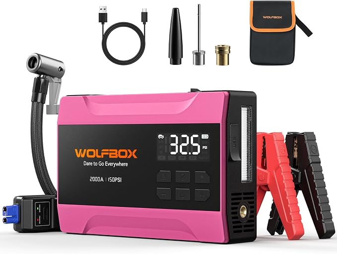 WOLFBOX 2000A Jump Starter with Air Compressor, 37Wh Car Battery Booster Jumper Starter Portable(up to 5L Gas Engine), 12V Jump Box Pack with 150PSI Tire Inflator, Jumper Cables, LED Light — Hot Pink