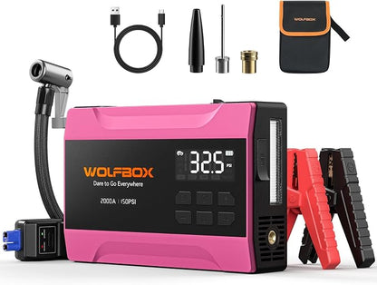WOLFBOX 2000A Jump Starter with Air Compressor, 37Wh Car Battery Booster Jumper Starter Portable(up to 5L Gas Engine), 12V Jump Box Pack with 150PSI Tire Inflator, Jumper Cables, LED Light — Hot Pink
