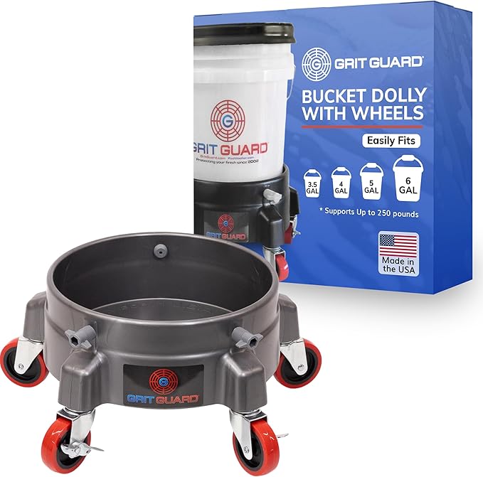 Grit Guard Bucket Dolly with Wheels - Rolling Detailing Wash Bucket with 5 Wheels and 2 Locking Casters Compatible with 2.5, 4, 5 and 6 Gallon Buckets (Silver, 3" Red Casters) - Made in the USA