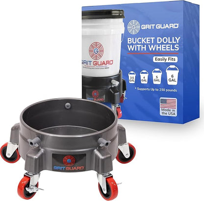 Grit Guard Bucket Dolly with Wheels - Rolling Detailing Wash Bucket with 5 Wheels and 2 Locking Casters Compatible with 2.5, 4, 5 and 6 Gallon Buckets (Silver, 3" Red Casters) - Made in the USA
