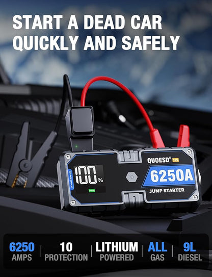 6250A Jump Starter Battery Jump Starter Battery Pack (for All Gas or 9.0+L Diesel), 2 USB Port, 12V Potable Car Jump Start with 3.2″ HD Display 48-Months Stand-by Time